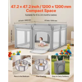 Baby Playpen, 1200 x 1200mm Foldable Toddlers Playpen, Indoor/Outdoor Baby Fence Play Yard with Zippered Door & Soft Breathable 