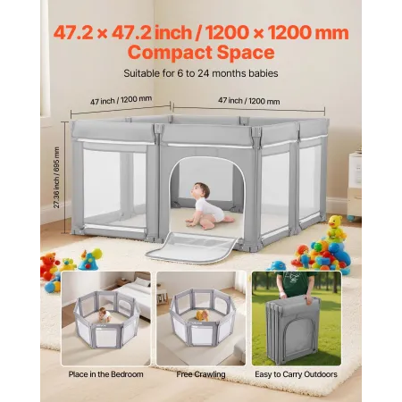 VEVOR Baby Playpen, 1200 x 1200mm Foldable Toddlers Playpen, Indoor/Outdoor Baby Fence Play Yard with Zippered Door & Soft Breat