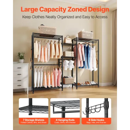 Clothing Garment Rack, Heavy Duty Closet Wardrobe, 7 Adjustable Tiers Clothes Racks with Steel Frame, 385.5 kg Load Capacity Clo