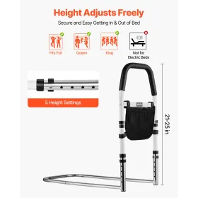 VEVOR Bed Rail for Elderly, Bedside Assist Rails with PU Handrail, Adjustable Height Pipe Bedside Cane, High-Strength Carbon Ste