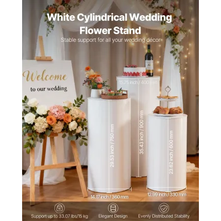 Wedding Flower Stand, 3PCS 60/75/90cm Round Cylinder Plinth, White Pedestal Stand with PVC Lid, Cylindrical Pedestal Stands for 
