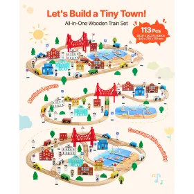 VEVOR 113PCS Wooden Train Set, for Kids Ages 3-8, Wood Train Track Toy with Storage Box, City Scene Railway Playset, Compatible 