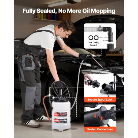 VEVOR væskeudtrækker, 9,5 l kapacitet, manuel vakuumsuger med 150 cm lang hest og tre 120 cm forlængerrør, Oi