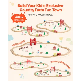 VEVOR Wooden Train Set, 39PCS, Wood Train Track with Magnetic Trains and Railway Accessories, Compatible with Major Brands, Smal