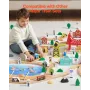 Wooden Train Set, 39PCS, Wood Train Track with Magnetic Trains and Railway Accessories, Compatible with Major Brands, Small Town