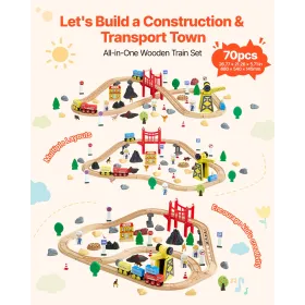 70PCS Wooden Train Set, with Magnetic Crane, Wood Train Track Toy for Kids Ages 3-8, Construction Crane Railway Set, Compatible 