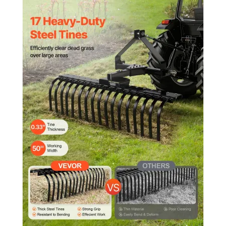VEVOR 127 cm Lanscape Rock Rake, 3-Point Tow Behind Landscape Rake with 17 Steel Tines, Fit Category 1 Tractors, Angle Adjustabl