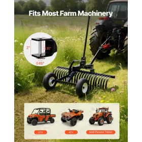 VEVOR 122 cm Tow Behind Landscape Rake, Pull Behind Lawn Rock Rakes for ATV Mower Tractors, 24 Durable Steel Tines, Adjustable H