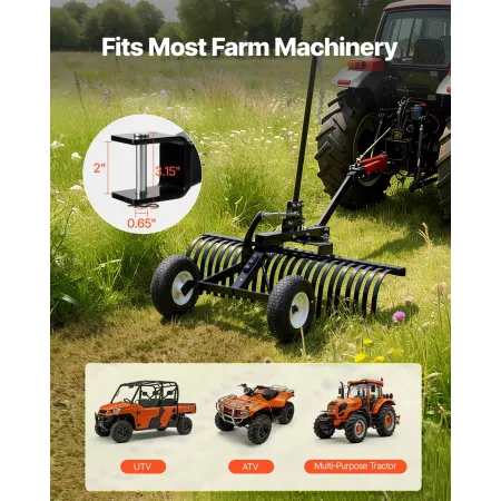 VEVOR 122 cm Tow Behind Landscape Rake, Pull Behind Lawn Rock Rakes for ATV Mower Tractors, 24 Durable Steel Tines, Adjustable H