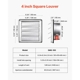VEVOR 97mm Wall Vent Cover, Louvered Square AC Vent Gable Cover, Premium Stainless Steel & with Noise Reducing Rubber Gasket, fo