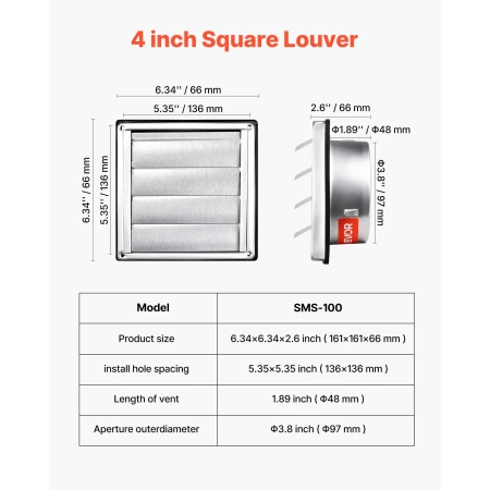 97mm Wall Vent Cover, Louvered Square AC Vent Gable Cover, Premium Stainless Steel & with Noise Reducing Rubber Gasket, for Hous