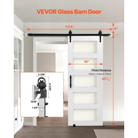 VEVOR Sliding Barn Door, 762 x 2134mm, High-Strength MDF Panel and Glass, Barn Door with Hardware Kit, Water-Proof PVC Surface, 
