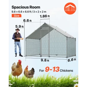 Metal Chicken Coop, 9.8x6.5x6.5ft Large Walk-in Chicken Runs with Cover, Spire Roof Hen House Enclosure with Security Lock, Outd