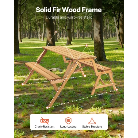 2-in-1 Transforming Interchangeable Picnic Table, Outdoor Wooden Table and Bench Set, Portable Foldable Bench with Umbrella Hole