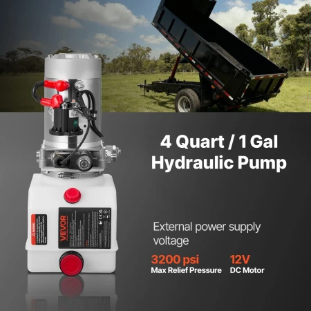 VEVOR 4 L Hydraulic Power Unit, Single Acting Dump Trailer Pump, 22 MPa Max Relief Pressure & 3.4 L/min Flow Rate, DC 12V Hydrau