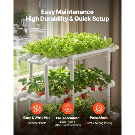 VEVOR Hydroponics-dyrkningssystemsæt, 3-trins 108-pladser UPVC Pipe Hydroponic Grow Kit med tidsindstillet kunstvanding,