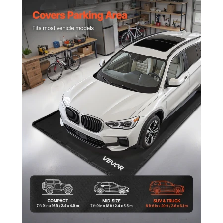 Containment Mat, 2.6 x 6.1 m, Non-Slip PVC Garage Floor Mat with a Cleaning Squeegee Broom, Heavy Duty Durable Waterproof Protec
