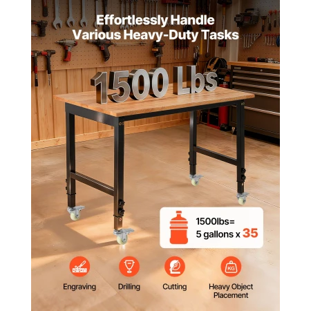 Adjustable Workbench on Wheels, 680 kg Capacity, 122 x 60 cm Oak Wood Top Workbench with 72.5-107.5 Height Adjustment, Heavy-Dut