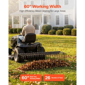 VEVOR 150 cm Tow Behind Landscape Rake, 3 Point Hitch Lawn Dethatcher Rake, 26 Spring Steel Tines, for Category 1 Tractors, Heav