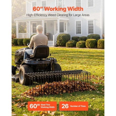 VEVOR 150 cm Tow Behind Landscape Rake, 3 Point Hitch Lawn Dethatcher Rake, 26 Spring Steel Tines, for Category 1 Tractors, Heav