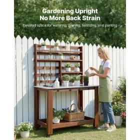 Potting Bench Table, Outdoor Gardening Workstation with 115 x 66 cm Stainless Steel Tabletop, Storage Shelves, 4 Casters, Hooks,