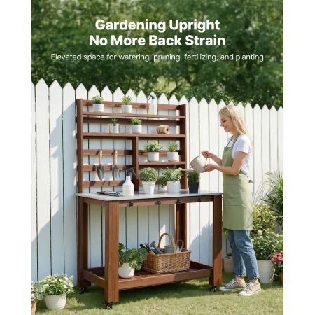 VEVOR Pottebænkbord, udendørs havearbejdsplads med 115 x 66 cm bordplade i rustfrit stål, opbevaringshylder, 4 hjul,