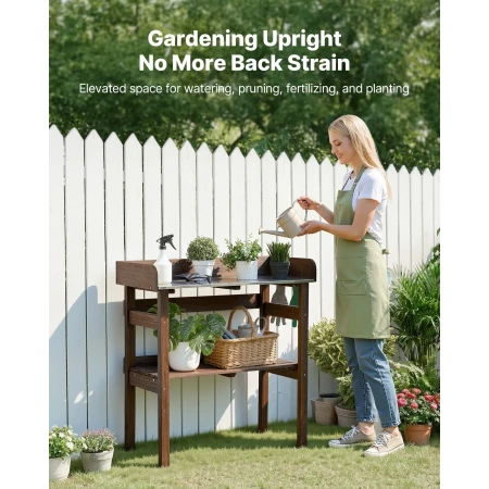 VEVOR Pottebænkbord, udendørs havearbejdsplads med 78 x 38 cm træbordplade, opbevaringshylder, kroge, haveplantning