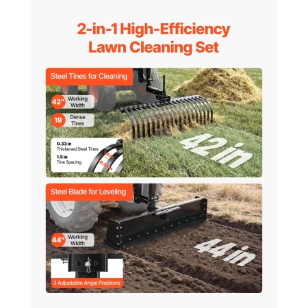 VEVOR 106.7cm Tow Behind Landscape Rake, 3-Point Lawn Rock Rake with Blade & Lift Lever, Fit Category 1 ATVs UTVs Lawn Tractors,