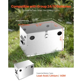 Battery Box, Group 24/31 Trolling Motor Battery Box, Marine Batteries Case with Lock, Handles and Rubber-Grommet Cable Holes, St