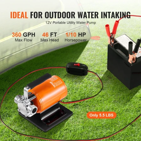 Water Transfer Pump, 12V DC 23 L/min(360 GPH) 75W(1/10HP), Portable Electric Utility Pump with 183cm / 6 ft Suction Hose Kit, Im