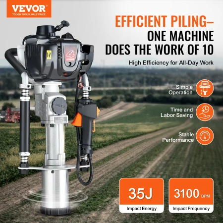37.77cc Gas-Powered T Post Driver, 4-Stroke Engine Gasoline Fence Piling Pounder, with 3 Post Driving Head(45/55/88 mm) , 1000W 