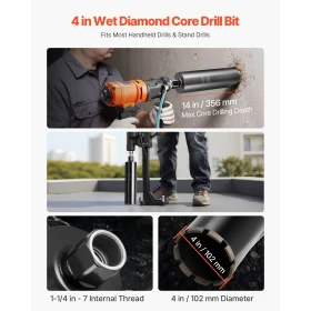 Core Drill Bit, 102 mm Diameter, 356 mm Drilling Depth, 1-1/4 in-7 Internal Thread, High-Precision Welding Technology, Wet Diamo
