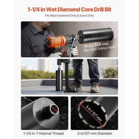 Core Drill Bit, 127 mm Diameter, 356 mm Drilling Depth, 1-1/4 in-7 Internal Thread, High-Precision Welding Technology, Wet Diamo