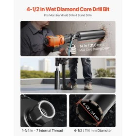 Core Drill Bit, 114 mm Diameter, 356 mm Drilling Depth, 1-1/4 in-7 Internal Thread, High-Precision Welding Technology, Wet Diamo