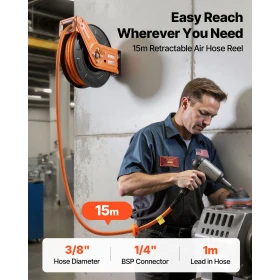 VEVOR Retractable Air Hose Reel, 15m x 9.5mm Rubber Air Hose Max 300PSI, Auto Rewind Air-Compressor Hoses Reel with 1m Lead in, 