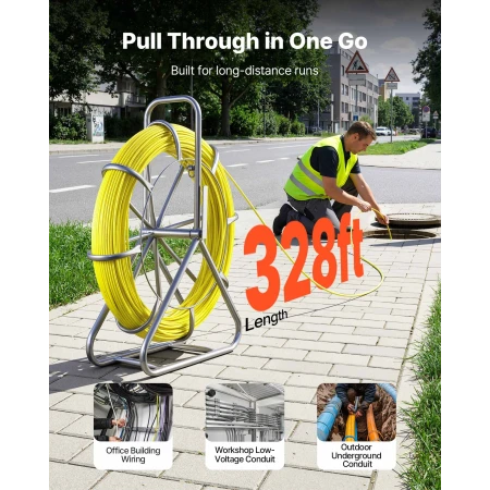 Fish Tape Fiberglass, 100M 6.3MM, Duct Rodder Fishtape Wire Puller with Stand, Cable Running Rod with Locking Mechanism, Fishing