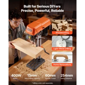 VEVOR 254 mm Benchtop Drill Press, 400W, Bench Drill Press, 440 to 2600 RPM Variable Speed, 0-45° Tilting Worktable, with Laser 