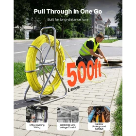 VEVOR Fish Tape Fiberglass, 152M 6.3MM, Duct Rodder Fishtape Wire Puller with Stand, Cable Running Rod with Locking Mechanism, F