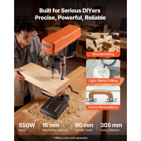 VEVOR 305 mm Benchtop Drill Press, 550W, Bench Drill Press, 340 to 2200 RPM Variable Speed, 0-45° Tilting Worktable, with Laser 