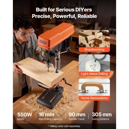 VEVOR 305 mm Benchtop Drill Press, 550W, Bench Drill Press, 340 to 2200 RPM Variable Speed, 0-45° Tilting Worktable, with Laser 
