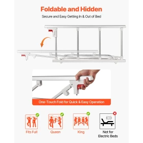 Foldable Bed Rail for Elderly, 97 cm Bedside Assist Rail with Fixing Strap, Adjustable Height Pipe Bedside Cane, High-Strength M