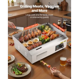 Commercial Electric Griddle, 535 x 300 mm, 3200W, 50-300°C Adjustable Temp Control, Stainless Steel Countertop Flat Top Grill wi