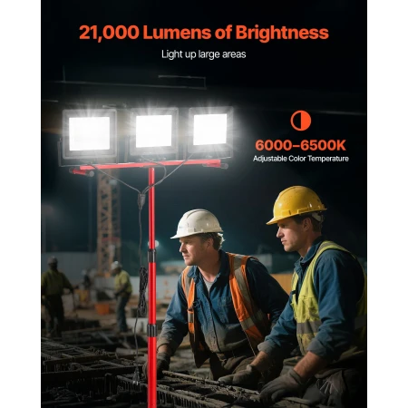 LED arbejdslys med stativ, 21000 lumen, tre-hoved bærbar