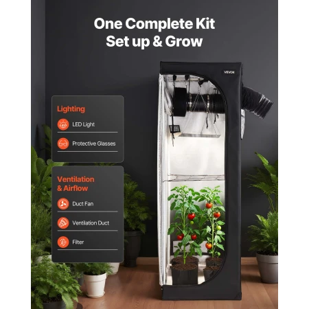 Indoor Grow Tent Kit, 60 x 60 x 180 cm, Indoor Plant Tent with Full Spectrum LED Grow Light & Ventilation System, 600D High Refl