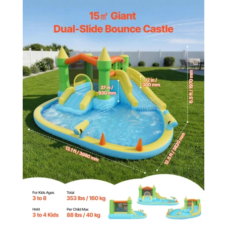 Inflatable Bounce House, 12.5 x 13.1 x 6.5 ft Inflatable Bounce House Water Slide, Bouncer Castle with Castle Bounces, Basketbal