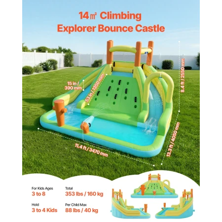 Inflatable Bounce House, 13.3 x 11.4 x 8.4 ft Inflatable Bounce House Water Slide, Bouncer Castle with Climbing Wall, Double Tal