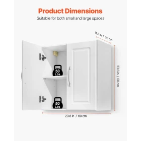 Laundry Room Wall Cabinet, 2-Tier Wall Mounted Hanging Cabinet with Adjustable Shelf, 60 cm Cupboard Storage with 2 Doors, for K