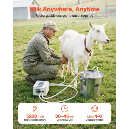 Goat Milking Machine, 0.8 Gal / 3 L Food-Grade Stainless Steel Bucket, with 5200 mAh Rechargeable Battery, 2 Teat Cups, Cordless
