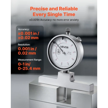 Depth Gauge, Depth Micrometer 0-22 in Measuring Range, 0.001 in Resolution, with 4 Anvils & 6 Standard Rods, Precision Easy to R