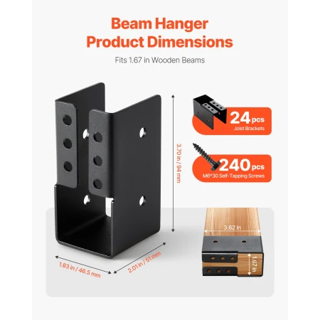 Concealed Joist Hanger, 2x4 Inch Outdoor Concealed-Flange Joist Bracket with Screws, Steel Light Joist Hangers for 1.93 x 3.62 I